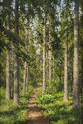 johan krouthen Sunlit forest path oil on canvas